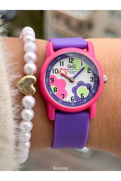 Q&Q 10 Atm, 2 Years Warranty, Purple Silicone Cord Girl's Wristwatch Suitable for Pool and Sea Use