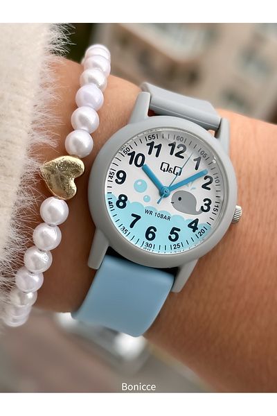 Q&Q 10 Atm, 2 Years Warranty, Blue - Gray Silicone Cord Girl's Wristwatch Suitable for Pool and Sea Use