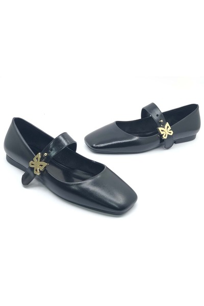 Kids Club Shoes Balerina de damă Feles cu centură detaliată cu vârf tocit NEGRU