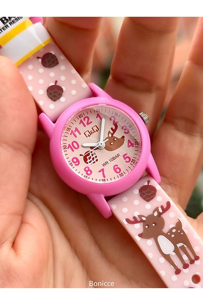 Q&Q 10 Atm, 2 Years Warranty, Pink Silicone Cord Girl's Wristwatch Suitable for Pool and Sea Use