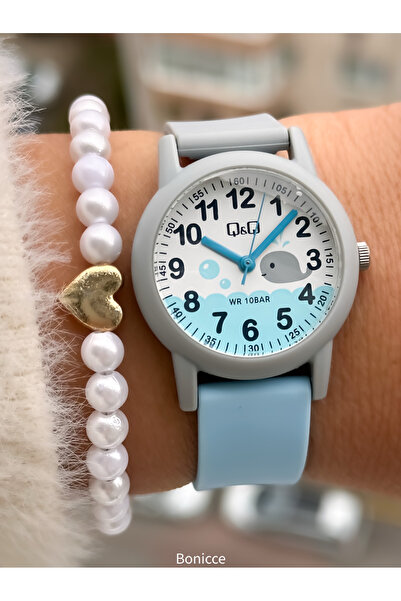 Q&Q 10 Atm, 2 Years Warranty, Blue - Gray Silicone Cord Girl's Wristwatch Suitable for Pool and Sea Use