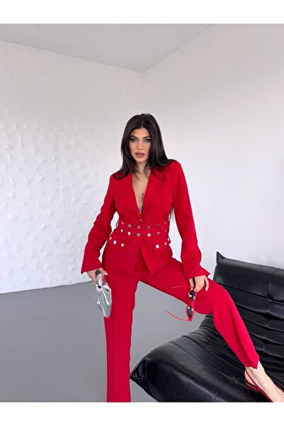 Ekim Store Gold Düğmeli Çift Kemerli İkili Blazer Takım