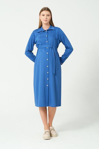 BUSA Maternity Button Long Sleeve Midi Dress Indigo