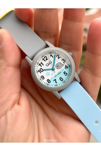 Q&Q 10 Atm, 2 Years Warranty, Blue - Gray Silicone Cord Girl's Wristwatch Suitable for Pool and Sea Use