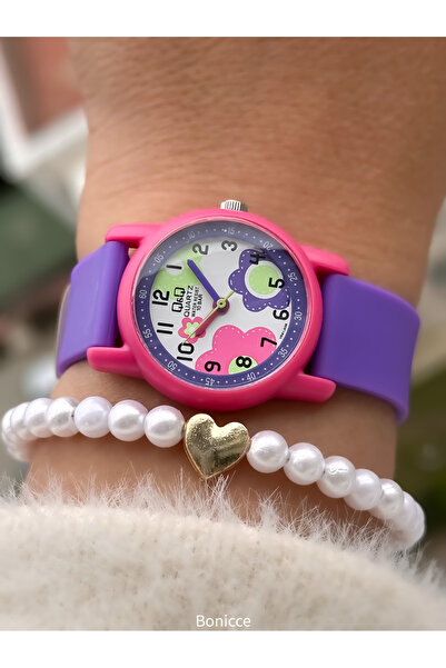 Q&Q 10 Atm, 2 Years Warranty, Purple Silicone Cord Girl's Wristwatch Suitable for Pool and Sea Use