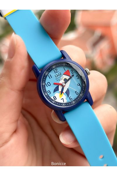 Q&Q 10 Atm, 2 Years Warranty, Blue Silicone Cord Boy's Wristwatch Suitable for Pool and Sea Use