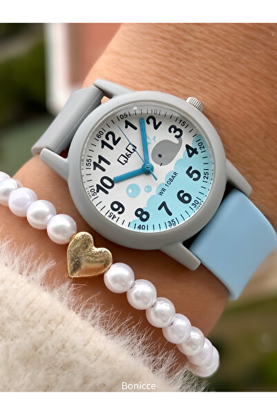 Q&Q 10 Atm, 2 Years Warranty, Blue - Gray Silicone Cord Girl's Wristwatch Suitable for Pool and Sea Use