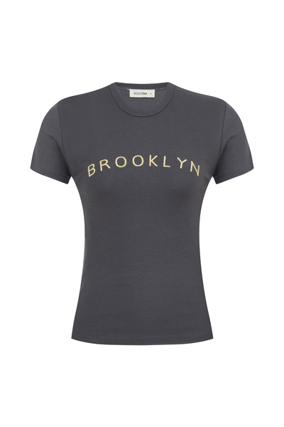 Mudo Kadın Antrasit Nakışlı Fitted T-Shirt