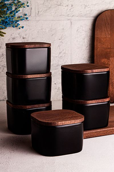 Snippy Luma Black 6-Piece Wooden Vacuum Lid Ceramic Breakfast Bowl 300ml