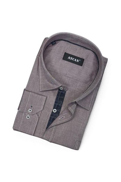 EREN STYLE Мъжка памучна риза с дълъг ръкав, капучино (стандартен модел)