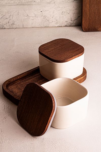 Snippy Luma White 2'Li Vacuum Cup with Wooden Stand Vakum Kap 300 ml