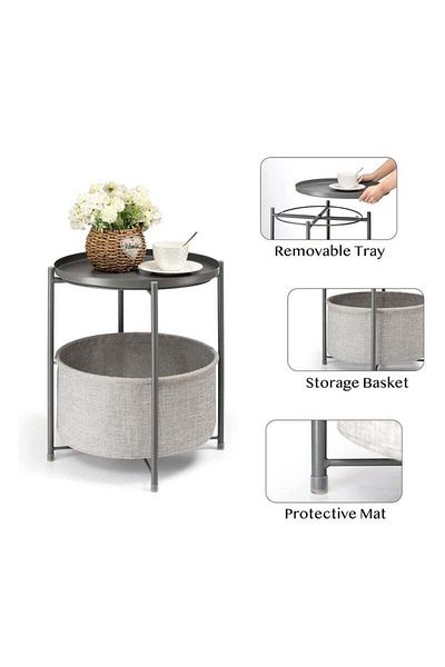 COOYA 2-Tier Round Sofa End Table, Round Side Table with Fabric Cloth Storage Basket, Nightstand