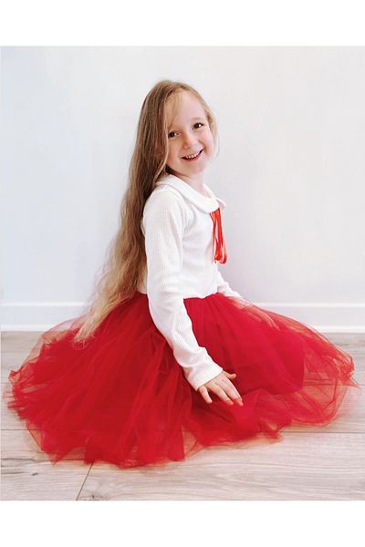 Şirin Şeyler Butiği Perla Long Sleeve Girl's Princess Fluffy Tutu Dress Baby Collar Flexible Lycra Red White