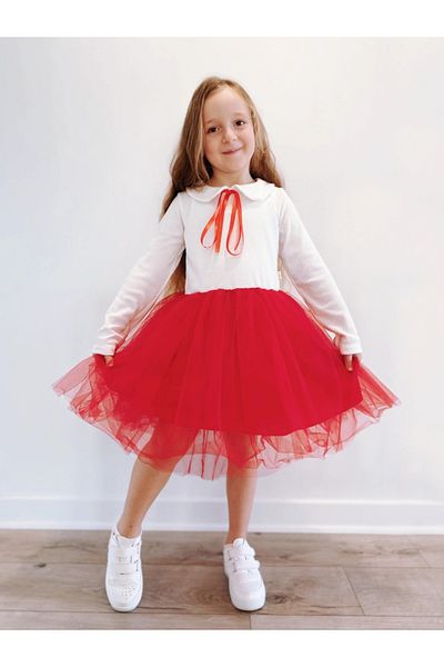 Şirin Şeyler Butiği Perla Long Sleeve Girl's Princess Fluffy Tutu Dress Baby Collar Flexible Lycra Red White