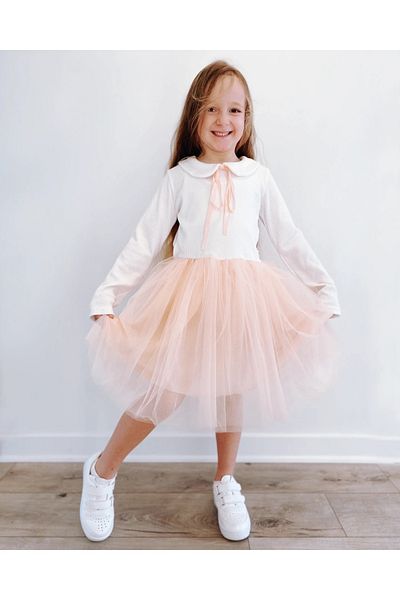 Şirin Şeyler Butiği Perla Rochie Tutu Pufoasă Prințesă Fete Mânecă Lungă Guler Bebe Lycra Elastic Alb Somon
