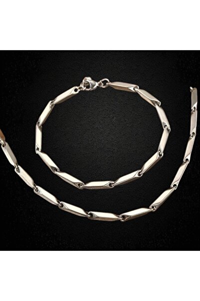Tasarım Çelik Takı Seti Bileklik Kolye Titanyum Melon Düz Model 2 Mm 21-55 Cm Gümüş Silver