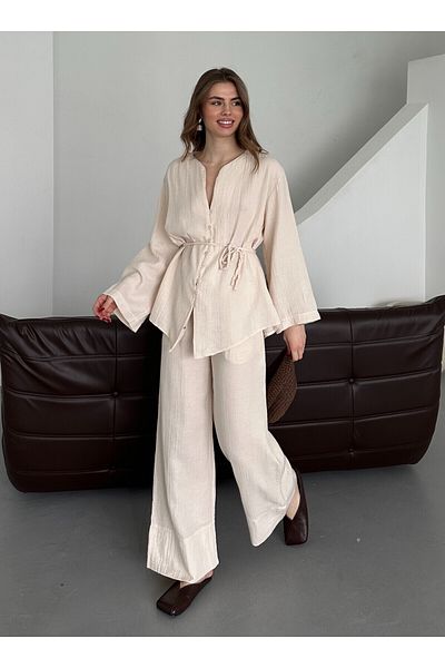 Laluvia Set pantaloni cămașă din bumbac 100% cu mai mulți nasturi Stone - 8377
