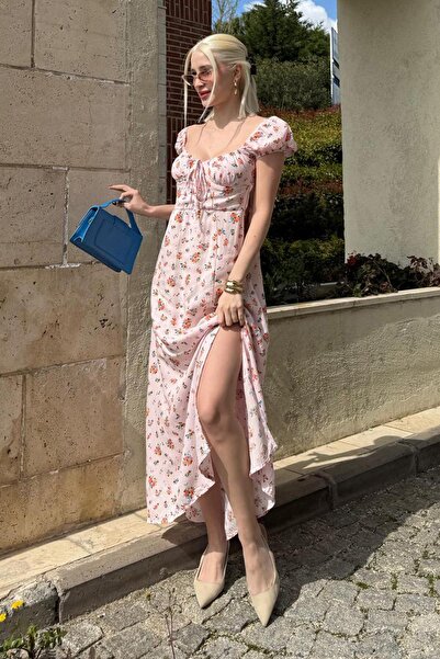 Seeh Pembe Çiçekli Yırtmaçlı Kadın Elbise Sh108