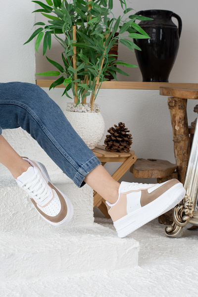 İmerShoes Ležérní bílé norkové béžové tenisky - vycházková sportovní obuv s vysokou podrážkou