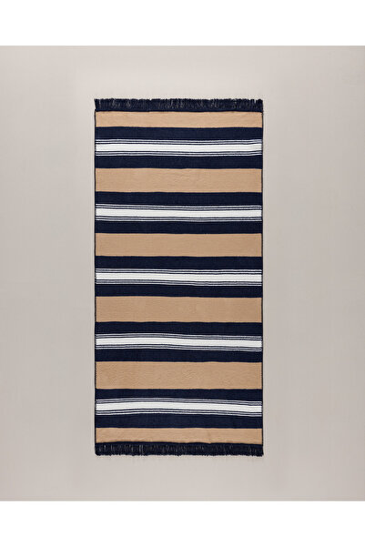 Madame Coco Rosée Pamuklu Saçaklı Dokuma Kilim - Bej/Lacivert - 80x150 cm