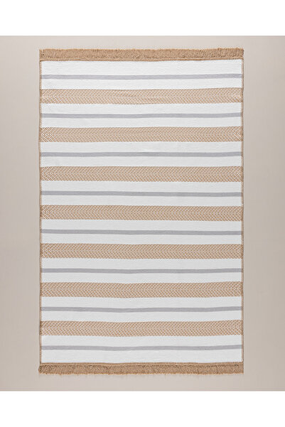 Madame Coco Serein Pamuklu Saçaklı Dokuma Kilim - Bej/Gri - 120x180 cm