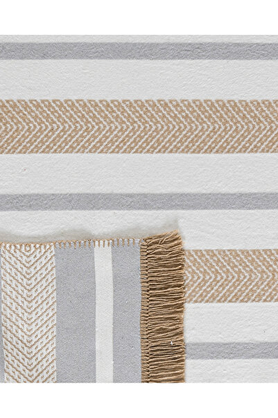 Madame Coco Serein Pamuklu Saçaklı Dokuma Kilim - Bej/Gri - 120x180 cm