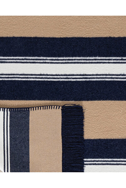 Madame Coco Rosée Pamuklu Saçaklı Dokuma Kilim - Bej/Lacivert - 80x150 cm