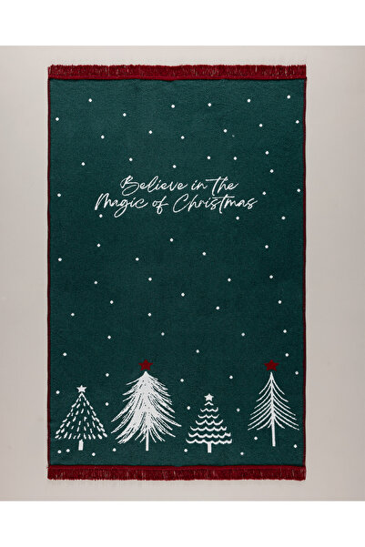 Madame Coco Feuille Pamuklu Saçaklı Dokuma Kilim - Yeşil/Beyaz - 80x150 cm