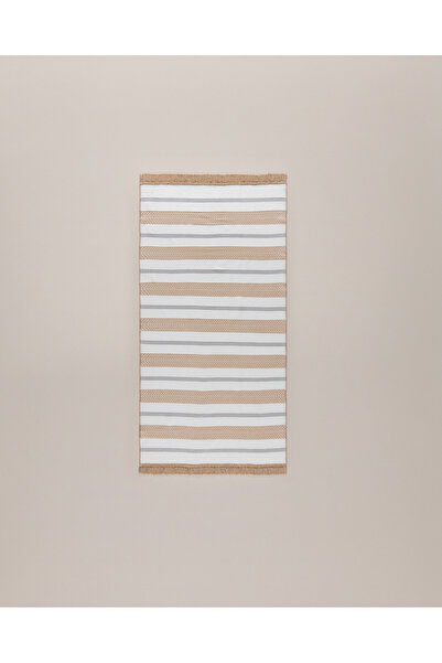 Madame Coco Serein Pamuklu Saçaklı Dokuma Kilim - Bej/Gri - 60x100 cm