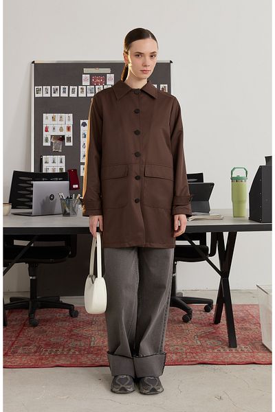 Fatma Atasoy Bitter Brown Trench Coat with Bag Pockets