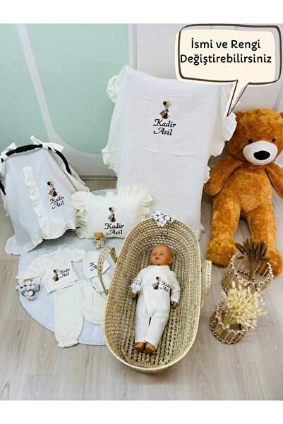 KARSU TASARIM İsme Özel %100 Pamuk 4 Kat Müslin Hastane Çıkış Seti Ve Puset Ö...