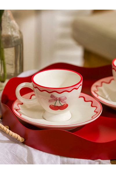 LC Waikiki Lcw Home Red Cherry Printed 2-Person Porcelain Coffee Cup Set 90 ml