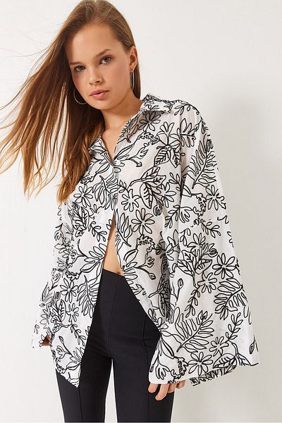 Bianco Lucci Cămașă oversize cu manșetă mare brodata pentru femei 242 60283007