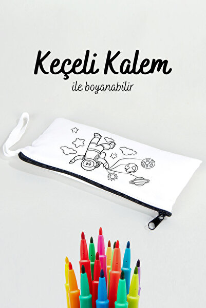 Pamusan Astronot Desenli Boyanabilir Bez Kalemlik | 21x10cm Beyaz Kalem Çantası 10 adet Kalemlik