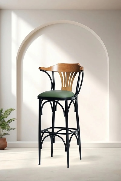 EFON Bar Sandalyesi Yeşil-kahve-t169/75 Oturma Yüksekliği 75cm - Metal Iskele...