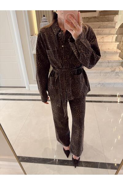 CKBUTİK Leopar Desenli Özel Seri Kuşaklı Gabardin Ceket