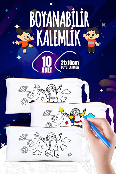 Pamusan Astronot Desenli Boyanabilir Bez Kalemlik | 21x10cm Beyaz Kalem Çantası | Keçeli Kalemle Boyanabilir