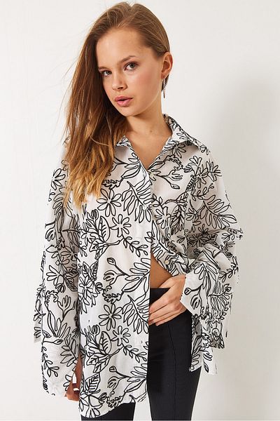 Bianco Lucci Cămașă oversize cu manșetă mare brodata pentru femei 242 60283007