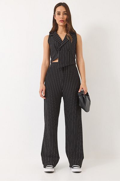 Bianco Lucci Damen-Hosenanzug mit schmalem, gestreiftem, zweireihigem Revers und Weste 60271018