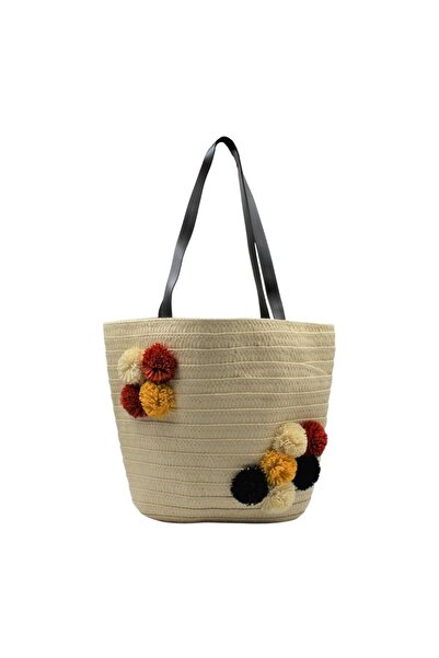 BM GİFT DESİGN Geantă plajă bej cu ciucuri colorați