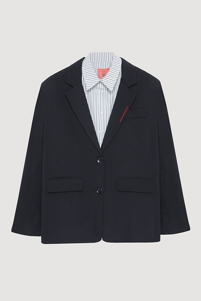 Quzu Back Printed Blazer Jacket with Shirt Collar - Navy Blue