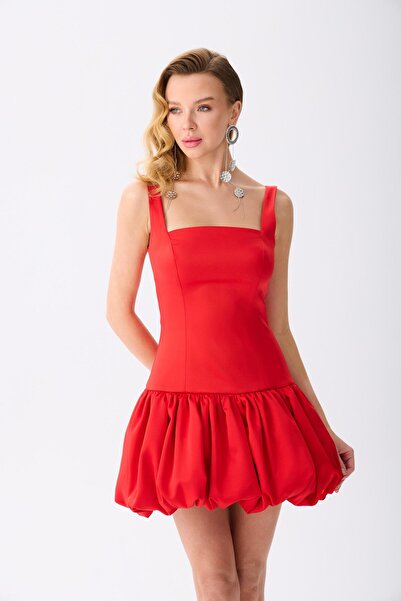 Carmen Kırmızı Balon Etek Saten Abiye Elbise