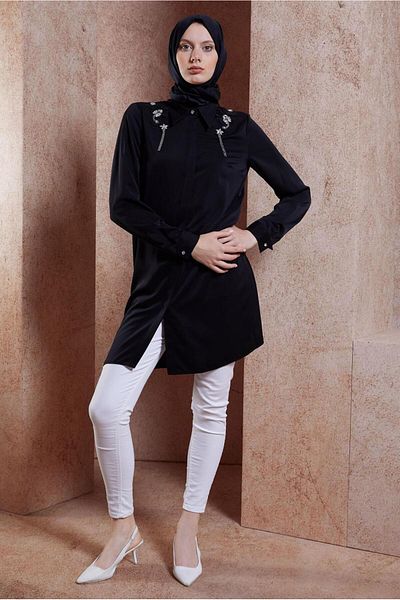 Alvina 44667 Model Hijab Tunic - Stone Detailed