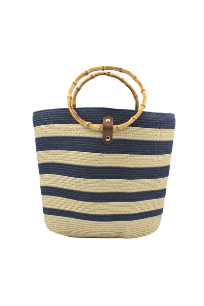 BM GİFT DESİGN Μπεζ τσάντα παραλίας με μπλε ρίγες