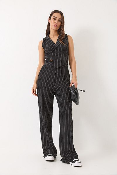 Bianco Lucci Damen-Hosenanzug mit schmalem, gestreiftem, zweireihigem Revers und Weste 60271018