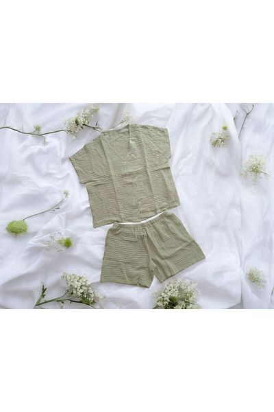 enmodaiçgiyim Green 100% Cotton Linen Women's Shorts Suit