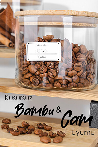 Meleni Home Bamboo Lid Glass - Storage Container, Vacuum Lid with Label for Food and Spices 535 ml