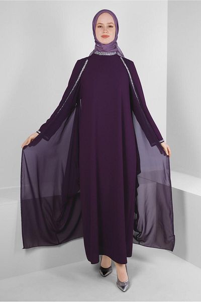 Alvina STONE EMBROIDERED DETAILED COVERED DOUBLE GOWN DRESS 50384