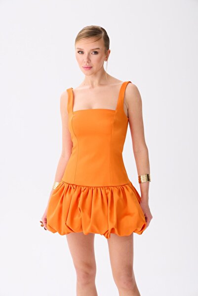 Carmen Turuncu Balon Etek Saten Abiye Elbise