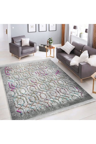 AD Home Gri – Mor Zeminde Geometrik Motifli Kanvas Desenli Geometrik Eskitme ...